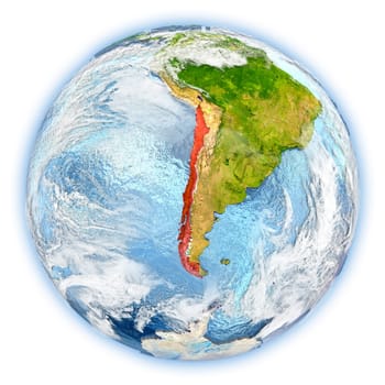 Chile highlighted in red on planet Earth. 3D illustration isolated on white background. Elements of this image furnished by NASA.