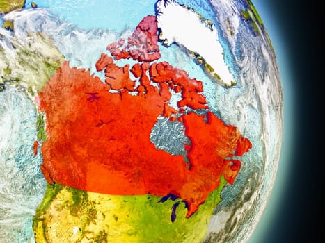 Model of Canada from Earth's orbit in space. 3D illustration with highly detailed realistic planet surface and clouds in the atmosphere. Elements of this image furnished by NASA.