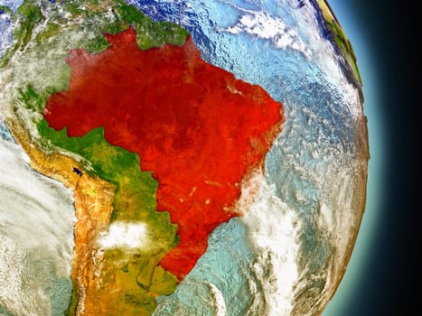 Model of Brazil from Earth's orbit in space. 3D illustration with highly detailed realistic planet surface and clouds in the atmosphere. Elements of this image furnished by NASA.