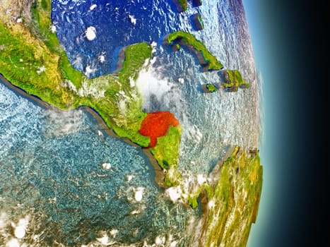 Model of Honduras from Earth's orbit in space. 3D illustration with highly detailed realistic planet surface and clouds in the atmosphere. Elements of this image furnished by NASA.