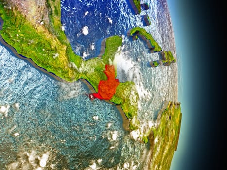 Model of Guatemala from Earth's orbit in space. 3D illustration with highly detailed realistic planet surface and clouds in the atmosphere. Elements of this image furnished by NASA.