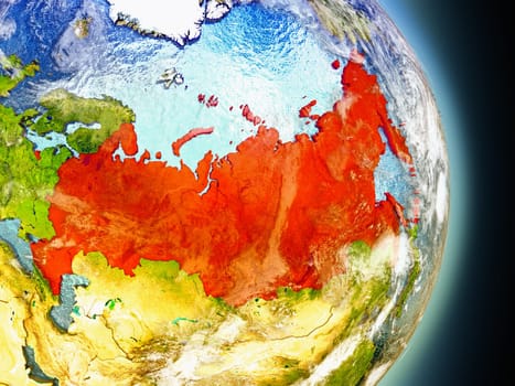 Model of Russia from Earth's orbit in space. 3D illustration with highly detailed realistic planet surface and clouds in the atmosphere. Elements of this image furnished by NASA.