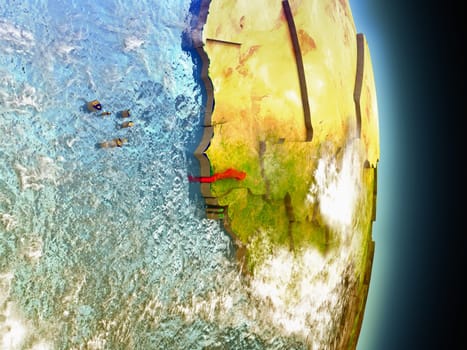 Model of Gambia from Earth's orbit in space. 3D illustration with highly detailed realistic planet surface and clouds in the atmosphere. Elements of this image furnished by NASA.