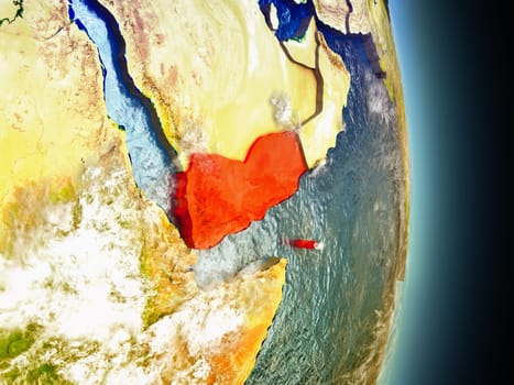 Model of Yemen from Earth's orbit in space. 3D illustration with highly detailed realistic planet surface and clouds in the atmosphere. Elements of this image furnished by NASA.