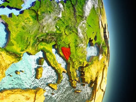 Model of Bosnia from Earth's orbit in space. 3D illustration with highly detailed realistic planet surface and clouds in the atmosphere. Elements of this image furnished by NASA.