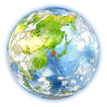 South Korea highlighted in red on planet Earth. 3D illustration isolated on white background. Elements of this image furnished by NASA.