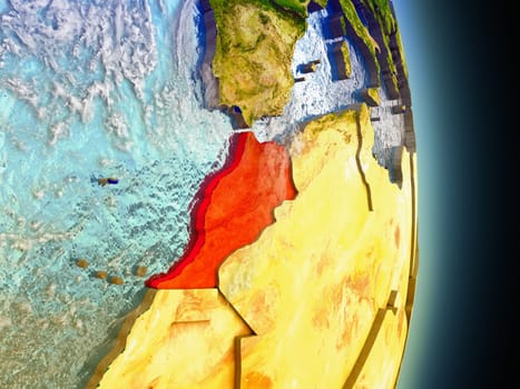 Model of Morocco from Earth's orbit in space. 3D illustration with highly detailed realistic planet surface and clouds in the atmosphere. Elements of this image furnished by NASA.