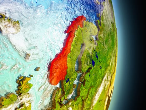 Model of Norway from Earth's orbit in space. 3D illustration with highly detailed realistic planet surface and clouds in the atmosphere. Elements of this image furnished by NASA.