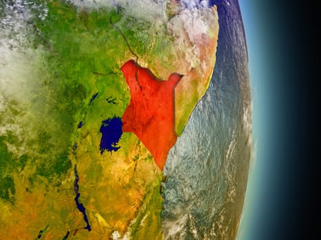Model of Kenya from Earth's orbit in space. 3D illustration with highly detailed realistic planet surface and clouds in the atmosphere. Elements of this image furnished by NASA.