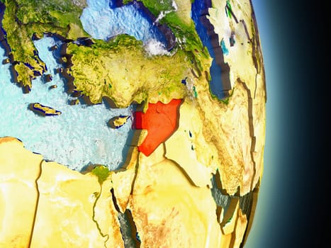 Model of Syria from Earth's orbit in space. 3D illustration with highly detailed realistic planet surface and clouds in the atmosphere. Elements of this image furnished by NASA.