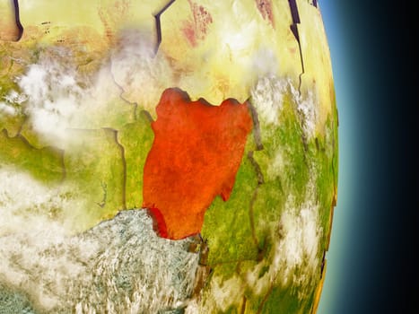 Model of Nigeria from Earth's orbit in space. 3D illustration with highly detailed realistic planet surface and clouds in the atmosphere. Elements of this image furnished by NASA.