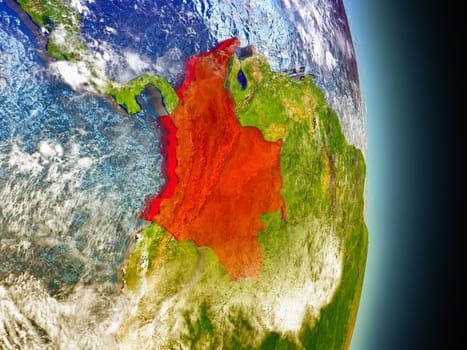 Model of Colombia from Earth's orbit in space. 3D illustration with highly detailed realistic planet surface and clouds in the atmosphere. Elements of this image furnished by NASA.