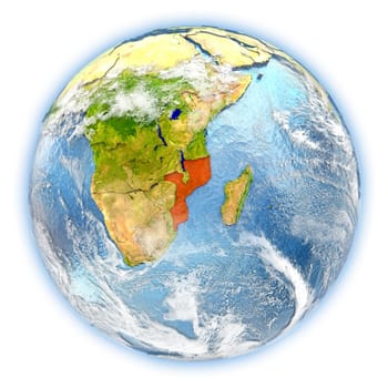 Mozambique highlighted in red on planet Earth. 3D illustration isolated on white background. Elements of this image furnished by NASA.