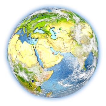 Qatar highlighted in red on planet Earth. 3D illustration isolated on white background. Elements of this image furnished by NASA.