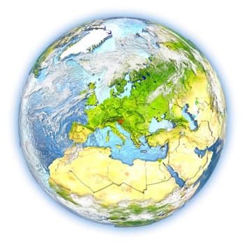 Slovenia highlighted in red on planet Earth. 3D illustration isolated on white background. Elements of this image furnished by NASA.