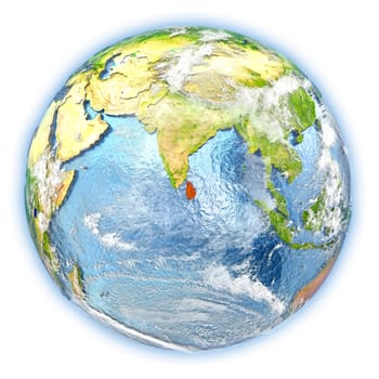 Sri Lanka highlighted in red on planet Earth. 3D illustration isolated on white background. Elements of this image furnished by NASA.