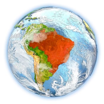 Brazil highlighted in red on planet Earth. 3D illustration isolated on white background. Elements of this image furnished by NASA.