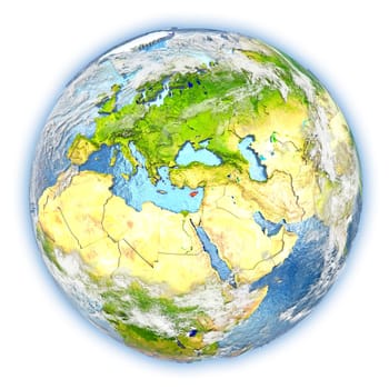 Cyprus highlighted in red on planet Earth. 3D illustration isolated on white background. Elements of this image furnished by NASA.