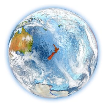 New Zealand highlighted in red on planet Earth. 3D illustration isolated on white background. Elements of this image furnished by NASA.