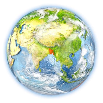Bangladesh highlighted in red on planet Earth. 3D illustration isolated on white background. Elements of this image furnished by NASA.