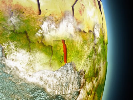 Model of Togo from Earth's orbit in space. 3D illustration with highly detailed realistic planet surface and clouds in the atmosphere. Elements of this image furnished by NASA.