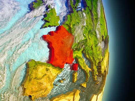 Model of France from Earth's orbit in space. 3D illustration with highly detailed realistic planet surface and clouds in the atmosphere. Elements of this image furnished by NASA.