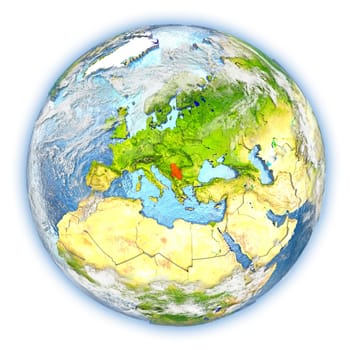 Serbia highlighted in red on planet Earth. 3D illustration isolated on white background. Elements of this image furnished by NASA.