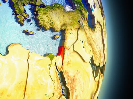 Model of Israel from Earth's orbit in space. 3D illustration with highly detailed realistic planet surface and clouds in the atmosphere. Elements of this image furnished by NASA.