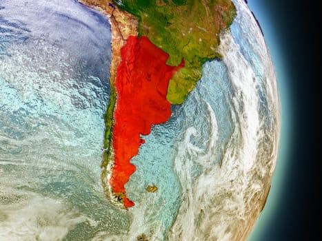 Model of Argentina from Earth's orbit in space. 3D illustration with highly detailed realistic planet surface and clouds in the atmosphere. Elements of this image furnished by NASA.