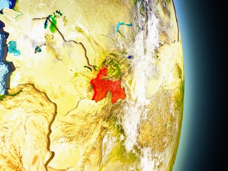 Model of Tajikistan from Earth's orbit in space. 3D illustration with highly detailed realistic planet surface and clouds in the atmosphere. Elements of this image furnished by NASA.