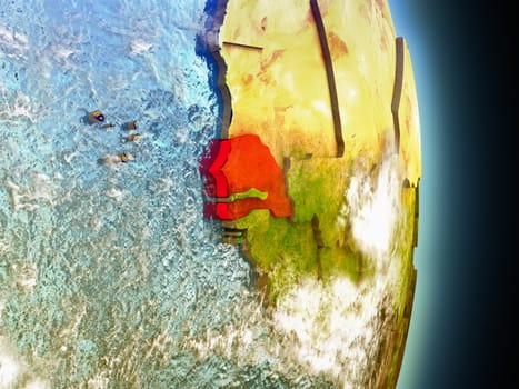 Model of Senegal from Earth's orbit in space. 3D illustration with highly detailed realistic planet surface and clouds in the atmosphere. Elements of this image furnished by NASA.