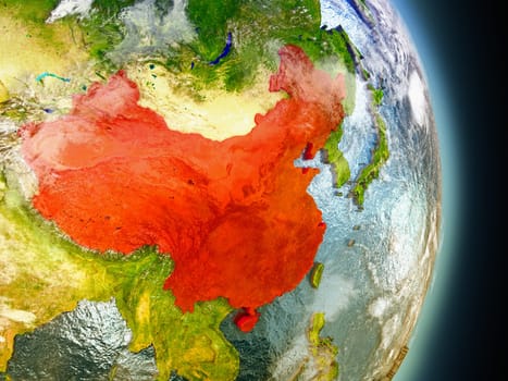 Model of China from Earth's orbit in space. 3D illustration with highly detailed realistic planet surface and clouds in the atmosphere. Elements of this image furnished by NASA.
