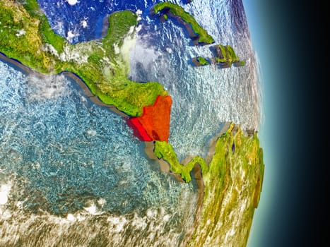 Model of Nicaragua from Earth's orbit in space. 3D illustration with highly detailed realistic planet surface and clouds in the atmosphere. Elements of this image furnished by NASA.