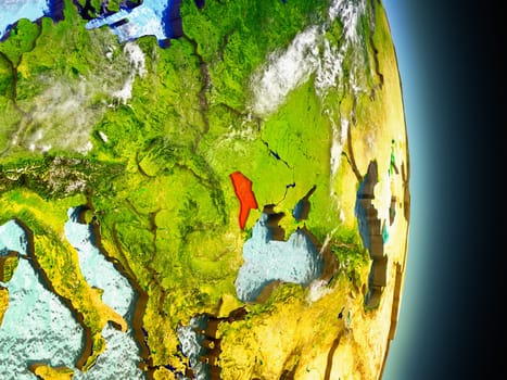 Model of Moldova from Earth's orbit in space. 3D illustration with highly detailed realistic planet surface and clouds in the atmosphere. Elements of this image furnished by NASA.