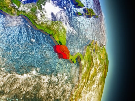 Model of Costa Rica from Earth's orbit in space. 3D illustration with highly detailed realistic planet surface and clouds in the atmosphere. Elements of this image furnished by NASA.