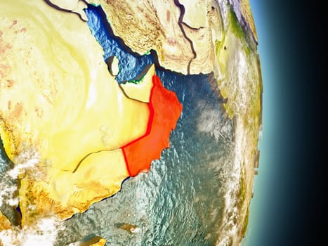 Model of Oman from Earth's orbit in space. 3D illustration with highly detailed realistic planet surface and clouds in the atmosphere. Elements of this image furnished by NASA.