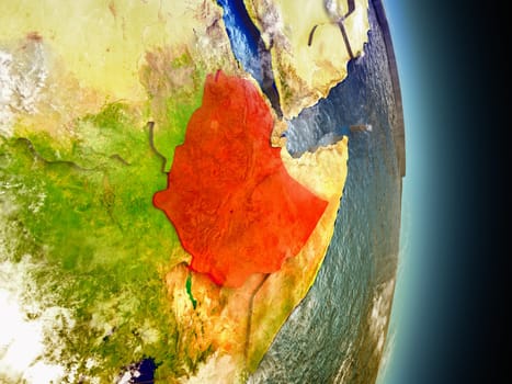 Model of Ethiopia from Earth's orbit in space. 3D illustration with highly detailed realistic planet surface and clouds in the atmosphere. Elements of this image furnished by NASA.