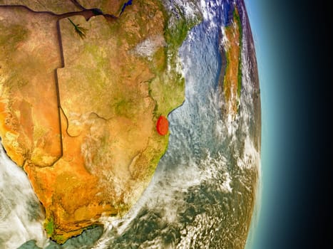 Model of Swaziland from Earth's orbit in space. 3D illustration with highly detailed realistic planet surface and clouds in the atmosphere. Elements of this image furnished by NASA.