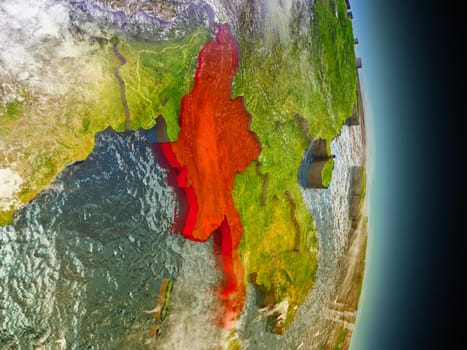 Model of Myanmar from Earth's orbit in space. 3D illustration with highly detailed realistic planet surface and clouds in the atmosphere. Elements of this image furnished by NASA.