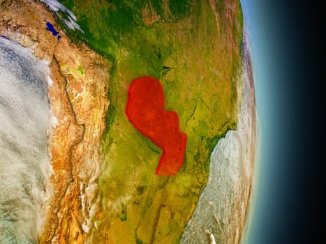 Model of Paraguay from Earth's orbit in space. 3D illustration with highly detailed realistic planet surface and clouds in the atmosphere. Elements of this image furnished by NASA.