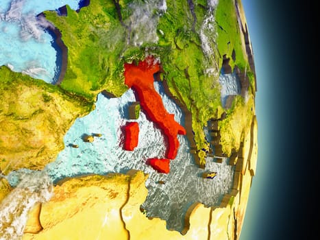 Model of Italy from Earth's orbit in space. 3D illustration with highly detailed realistic planet surface and clouds in the atmosphere. Elements of this image furnished by NASA.
