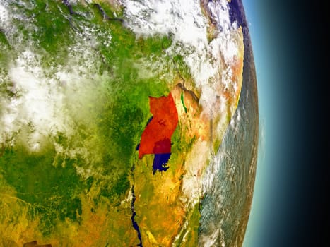 Model of Uganda from Earth's orbit in space. 3D illustration with highly detailed realistic planet surface and clouds in the atmosphere. Elements of this image furnished by NASA.