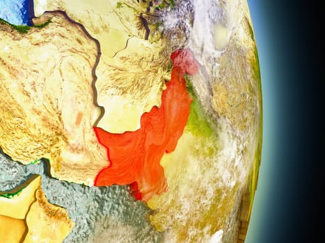 Model of Pakistan from Earth's orbit in space. 3D illustration with highly detailed realistic planet surface and clouds in the atmosphere. Elements of this image furnished by NASA.