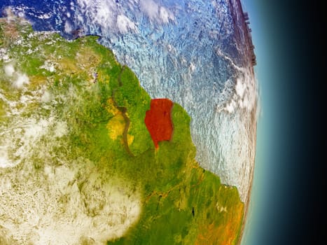 Model of Suriname from Earth's orbit in space. 3D illustration with highly detailed realistic planet surface and clouds in the atmosphere. Elements of this image furnished by NASA.