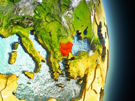 Model of Bulgaria from Earth's orbit in space. 3D illustration with highly detailed realistic planet surface and clouds in the atmosphere. Elements of this image furnished by NASA.