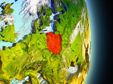 Model of Poland from Earth's orbit in space. 3D illustration with highly detailed realistic planet surface and clouds in the atmosphere. Elements of this image furnished by NASA.