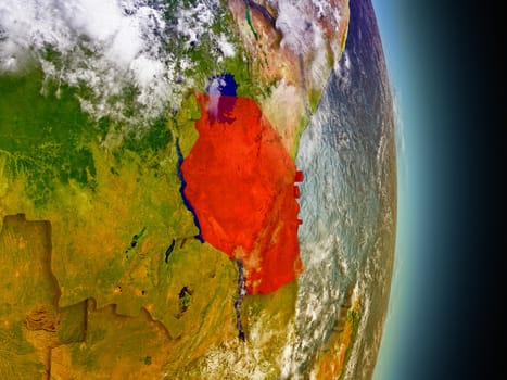 Model of Tanzania from Earth's orbit in space. 3D illustration with highly detailed realistic planet surface and clouds in the atmosphere. Elements of this image furnished by NASA.