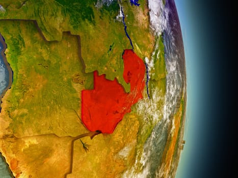 Model of Zambia from Earth's orbit in space. 3D illustration with highly detailed realistic planet surface and clouds in the atmosphere. Elements of this image furnished by NASA.