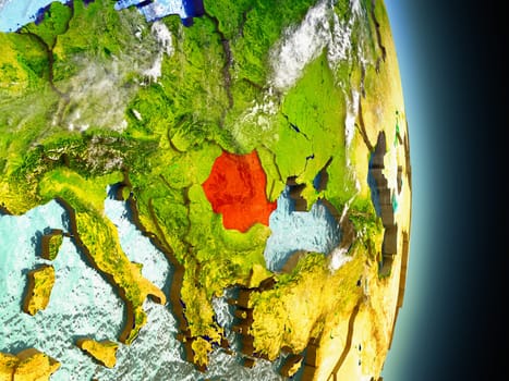 Model of Romania from Earth's orbit in space. 3D illustration with highly detailed realistic planet surface and clouds in the atmosphere. Elements of this image furnished by NASA.