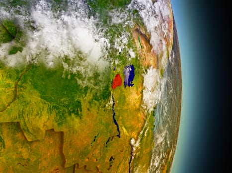 Model of Rwanda from Earth's orbit in space. 3D illustration with highly detailed realistic planet surface and clouds in the atmosphere. Elements of this image furnished by NASA.